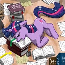 Twilight Sparkle sleeping on open books after a hard day of studying.  From: My Little Pony, Friendship is Magic